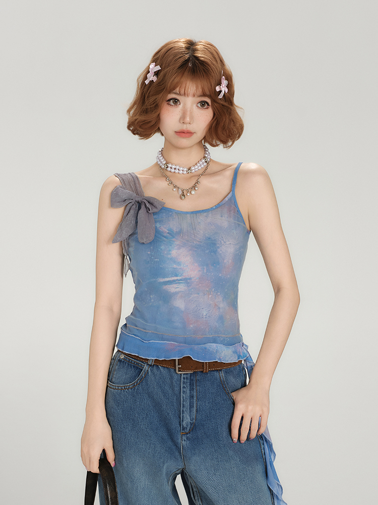 Spicy Girl Mesh Camisole for Women - American Style Summer Tie-Up Bow Fitted Top Spicy Girl Mesh Camisole for Women - American Style Summer Tie-Up Bow Fitted Top