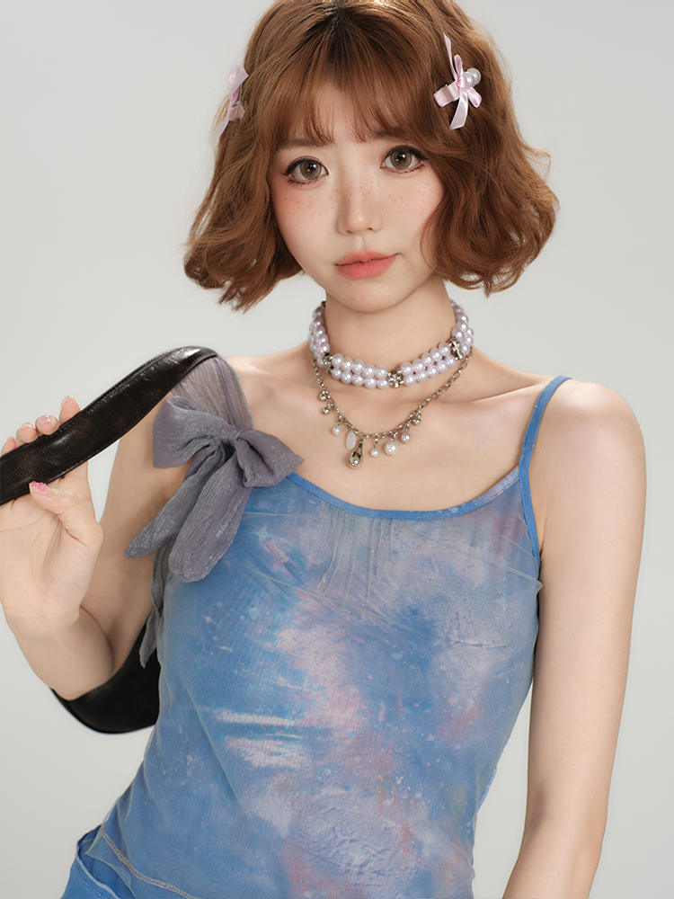 Spicy Girl Mesh Camisole for Women - American Style Summer Tie-Up Bow Fitted Top Spicy Girl Mesh Camisole for Women - American Style Summer Tie-Up Bow Fitted Top