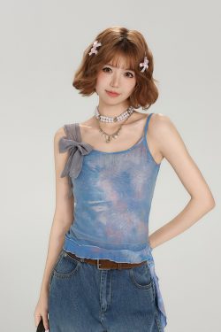 Spicy Girl Mesh Camisole for Women - American Style Summer Tie-Up Bow Fitted Top