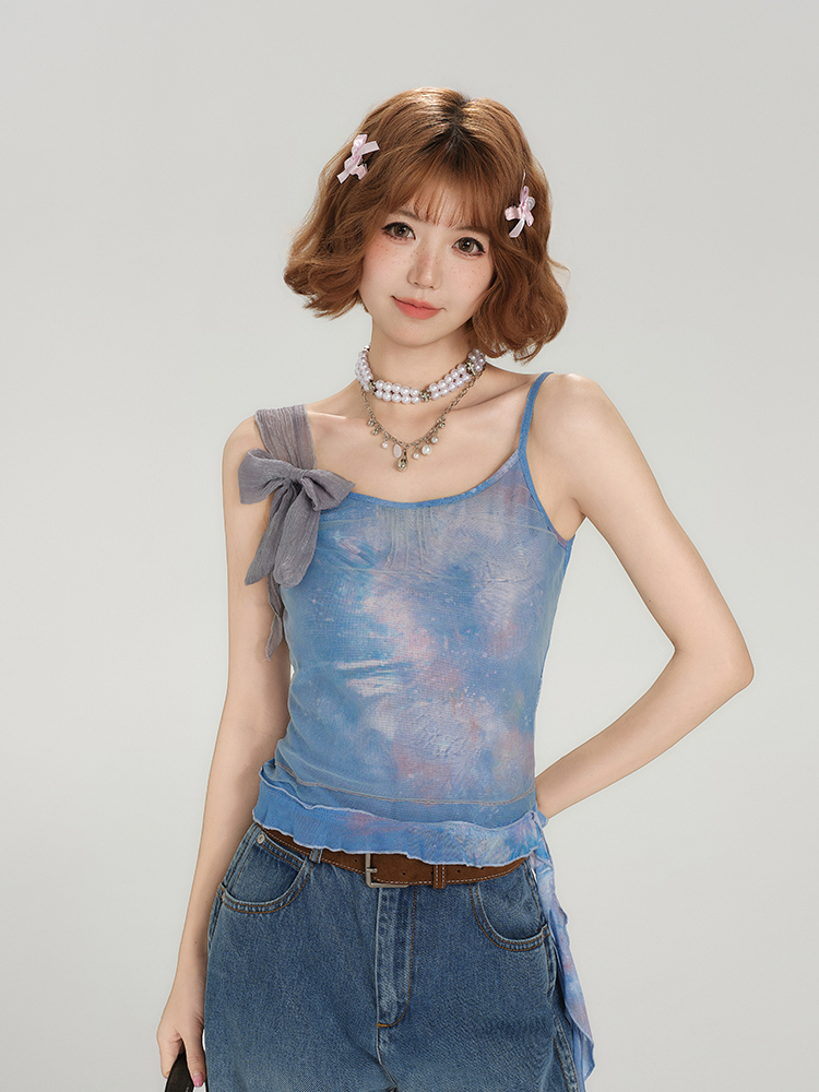 Spicy Girl Mesh Camisole for Women - American Style Summer Tie-Up Bow Fitted Top Spicy Girl Mesh Camisole for Women - American Style Summer Tie-Up Bow Fitted Top