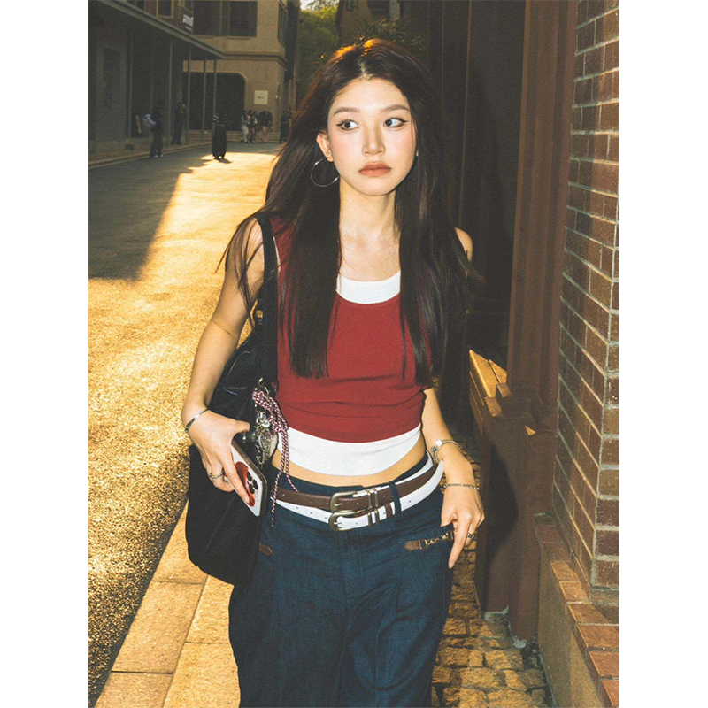 Spicy Girl Sleeveless Color-Blocking Tank Top - Summer Red Faux Two-Piece Slim Fit T-Shirt for American Style Fashion Spicy Girl Sleeveless Color-Blocking Tank Top - Summer Red Faux Two-Piece Slim Fit T-Shirt for American Style Fashion