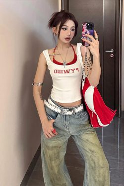 Spicy Girl Sleeveless Summer Tank Top - Color-Blocking, Waist-Cinching, Slim Fit, American Style, Y2K Inspired