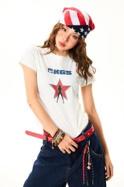 Spicy Girl Star Print Short Sleeve T-Shirt for Women - Slim Fit Summer Top in American Style, Perfect for Y2K and Casual Looks