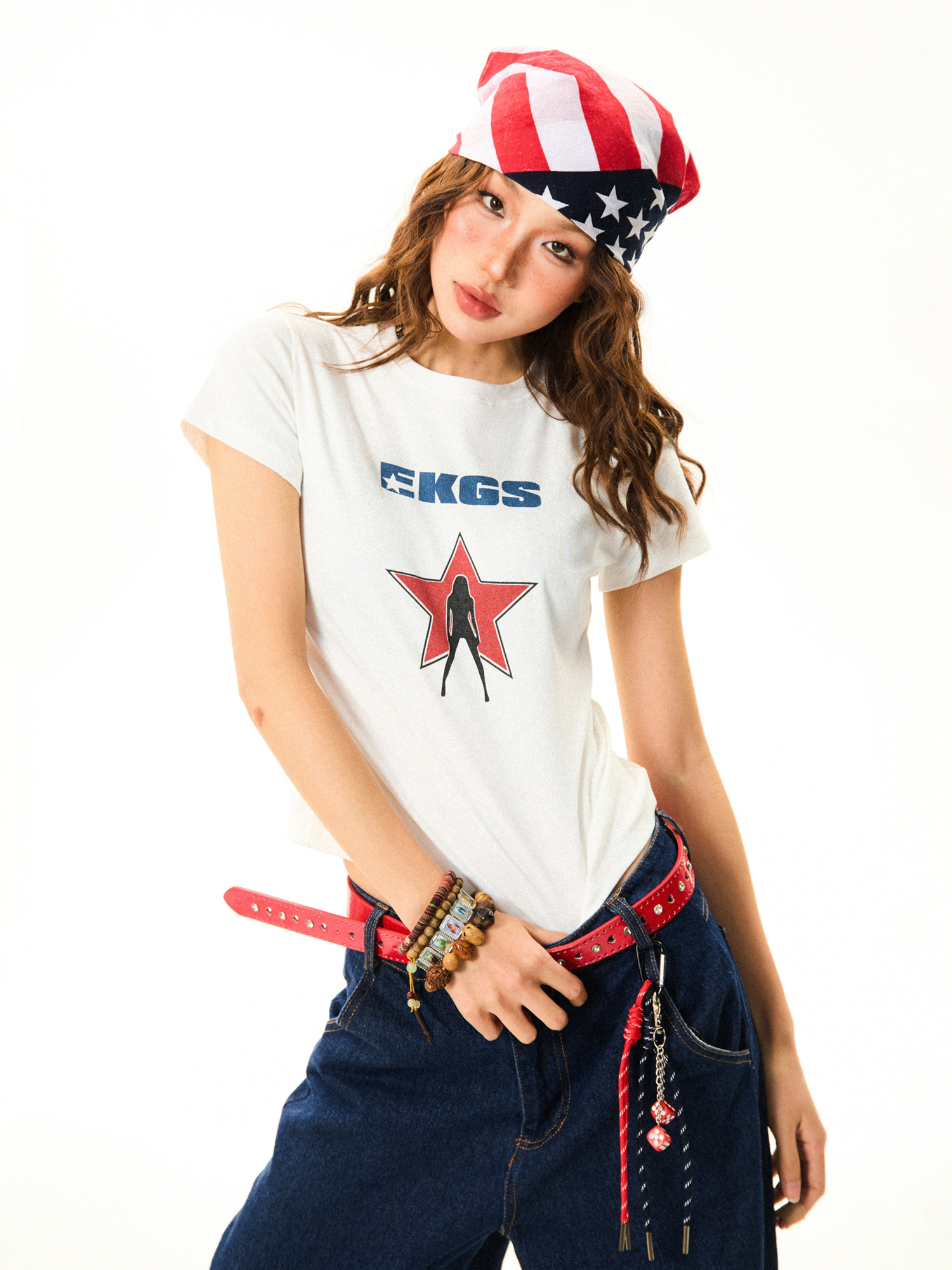 Spicy Girl Star Print Short Sleeve T-Shirt for Women - Slim Fit Summer Top in American Style, Perfect for Y2K and Casual Looks Spicy Girl Star Print Short Sleeve T-Shirt for Women - Slim Fit Summer Top in American Style, Perfect for Y2K and Casual Looks