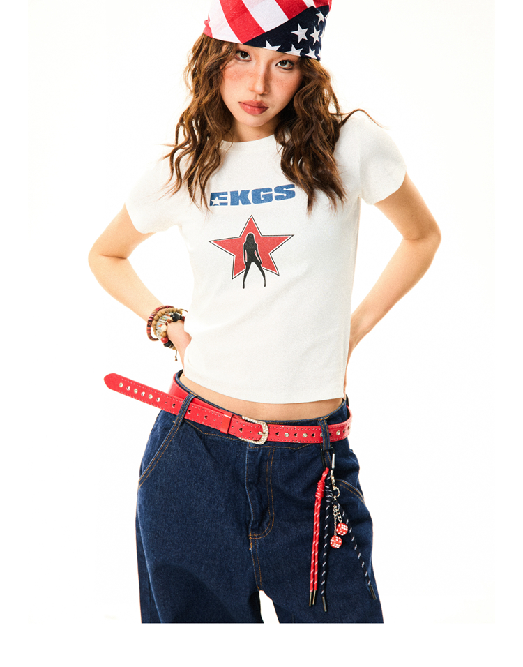 Spicy Girl Star Print Short Sleeve T-Shirt for Women - Slim Fit Summer Top in American Style, Perfect for Y2K and Casual Looks Spicy Girl Star Print Short Sleeve T-Shirt for Women - Slim Fit Summer Top in American Style, Perfect for Y2K and Casual Looks