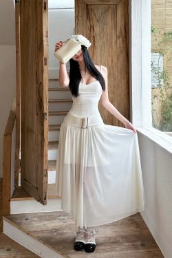 Spliced Camisole Dress for Women - Elegant Spring Tulle Dress with Mixed Fabric Waistband, Cool Feel, Perfect for Y2K and Chic Styles