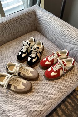 Spring 2025 Casual Sports Sneakers - Color-Blocking Genuine Leather Lace-Up Thick-Soled Retro Training Shoes for Students