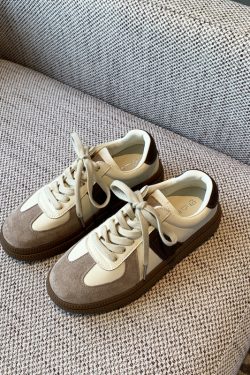 Spring 2025 Casual Sports Sneakers - Color-Blocking Genuine Leather Lace-Up Thick-Soled Retro Training Shoes for Students