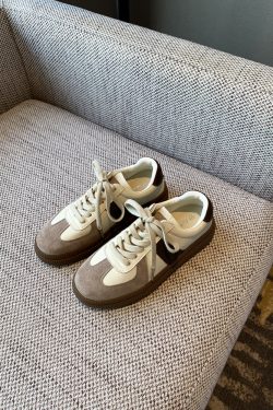 Spring 2025 Casual Sports Sneakers - Color-Blocking Genuine Leather Lace-Up Thick-Soled Retro Training Shoes for Students