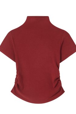 Spring 2025 Women's Red T-shirt, Half High Neck Base Layer Outerwear, Korean Style Fashion Top