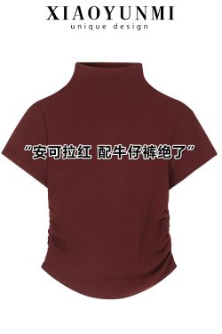 Spring 2025 Women's Red T-shirt, Half High Neck Base Layer Outerwear, Korean Style Fashion Top