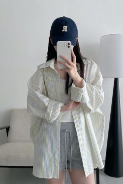Spring Summer Women’s Striped Long Sleeve Shirt - Casual Sun Protection Top, Loose Slimming Fit, Korean Style Vacation Wear