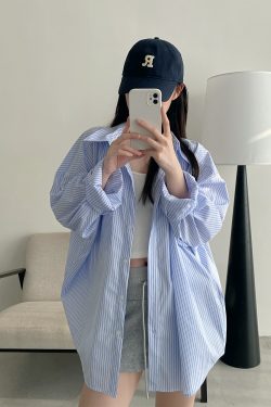 Spring Summer Women’s Striped Long Sleeve Shirt - Casual Sun Protection Top, Loose Slimming Fit, Korean Style Vacation Wear