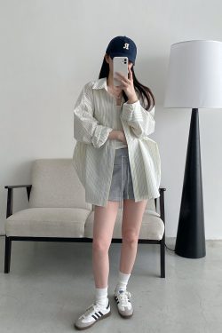 Spring Summer Women’s Striped Long Sleeve Shirt - Casual Sun Protection Top, Loose Slimming Fit, Korean Style Vacation Wear