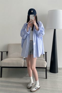 Spring Summer Women’s Striped Long Sleeve Shirt - Casual Sun Protection Top, Loose Slimming Fit, Korean Style Vacation Wear
