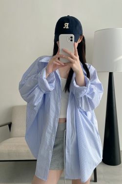 Spring Summer Women’s Striped Long Sleeve Shirt - Casual Sun Protection Top, Loose Slimming Fit, Korean Style Vacation Wear