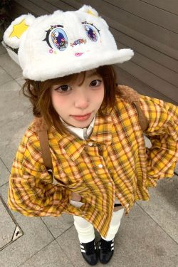 Spring Women's American Style Checkered Shirt Jacket, Loose Lapel Top in College Style, Casual Dopamine Print