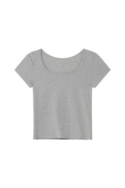 Square Neck Fitted Short Sleeve T-Shirt for Women - Solid Color Slim Fit Summer 2025 Top, Flattering Shoulder Style