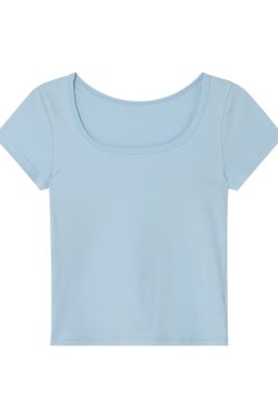 Square Neck Fitted Short Sleeve T-Shirt for Women - Solid Color Slim Fit Summer 2025 Top, Flattering Shoulder Style