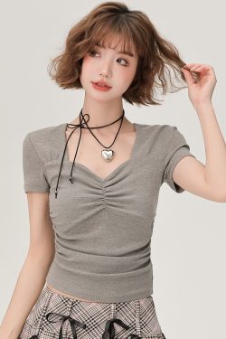 Square Neck Short Sleeve T-Shirt for Women - Summer Slim Fit Ruched Top, Flattering and Versatile Style for Everyday Wear