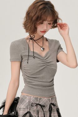 Square Neck Short Sleeve T-Shirt for Women - Summer Slim Fit Ruched Top, Flattering and Versatile Style for Everyday Wear