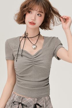 Square Neck Short Sleeve T-Shirt for Women - Summer Slim Fit Ruched Top, Flattering and Versatile Style for Everyday Wear