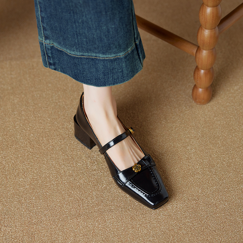 Square Toe Camellia Mary Jane Shoes for Women - 2025 New Style One-Strap Chunky High Heels in Genuine Leather Square Toe Camellia Mary Jane Shoes for Women - 2025 New Style One-Strap Chunky High Heels in Genuine Leather