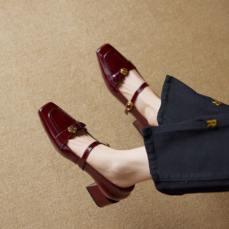 Square Toe Camellia Mary Jane Shoes for Women - 2025 New Style One-Strap Chunky High Heels in Genuine Leather Square Toe Camellia Mary Jane Shoes for Women - 2025 New Style One-Strap Chunky High Heels in Genuine Leather
