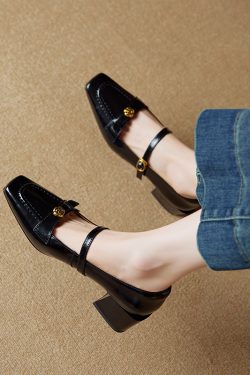 Square Toe Camellia Mary Jane Shoes for Women - 2025 New Style One-Strap Chunky High Heels in Genuine Leather