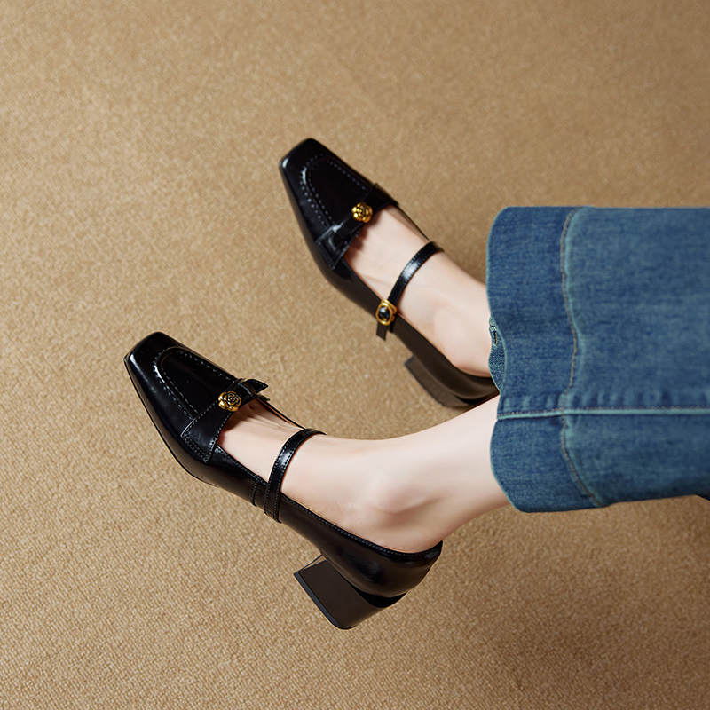 Square Toe Camellia Mary Jane Shoes for Women - 2025 New Style One-Strap Chunky High Heels in Genuine Leather Square Toe Camellia Mary Jane Shoes for Women - 2025 New Style One-Strap Chunky High Heels in Genuine Leather
