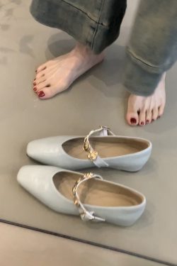 Square-Toed Height-Increasing Sheepskin Mary Jane Shoes with Metal Buckle - French Style Flats for Commuting