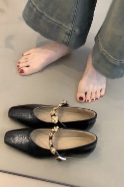 Square-Toed Height-Increasing Sheepskin Mary Jane Shoes with Metal Buckle - French Style Flats for Commuting