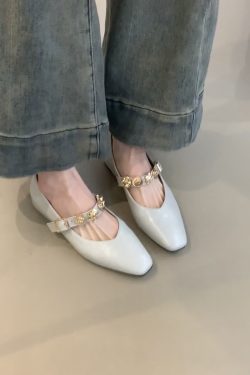 Square-Toed Height-Increasing Sheepskin Mary Jane Shoes with Metal Buckle - French Style Flats for Commuting
