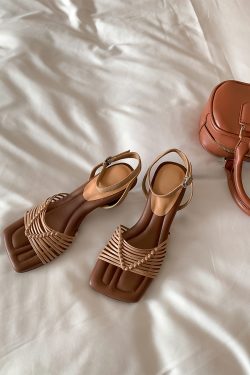 Square-Toed High-Heeled Sheepskin Sandals for Women - Hollow-Out Thin Strap, Woven One-Strap Genuine Leather Summer Fashion Sandals