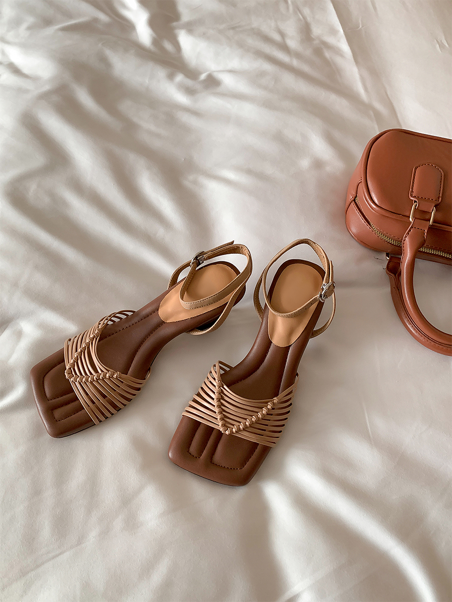 Square-Toed High-Heeled Sheepskin Sandals for Women - Hollow-Out Thin Strap, Woven One-Strap Genuine Leather Summer Fashion Sandals Square-Toed High-Heeled Sheepskin Sandals for Women - Hollow-Out Thin Strap, Woven One-Strap Genuine Leather Summer Fashion Sandals