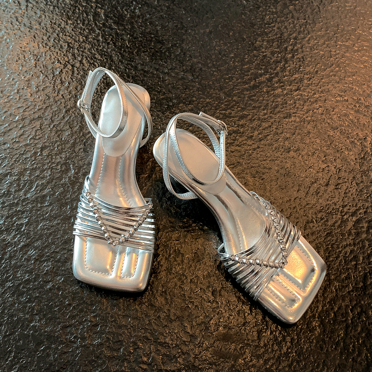 Square-Toed High-Heeled Sheepskin Sandals for Women - Hollow-Out Thin Strap, Woven One-Strap Genuine Leather Summer Fashion Sandals Square-Toed High-Heeled Sheepskin Sandals for Women - Hollow-Out Thin Strap, Woven One-Strap Genuine Leather Summer Fashion Sandals