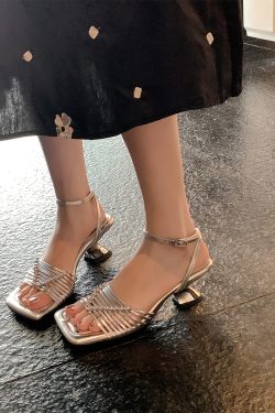 Square-Toed High-Heeled Sheepskin Sandals for Women - Hollow-Out Thin Strap, Woven One-Strap Genuine Leather Summer Fashion Sandals