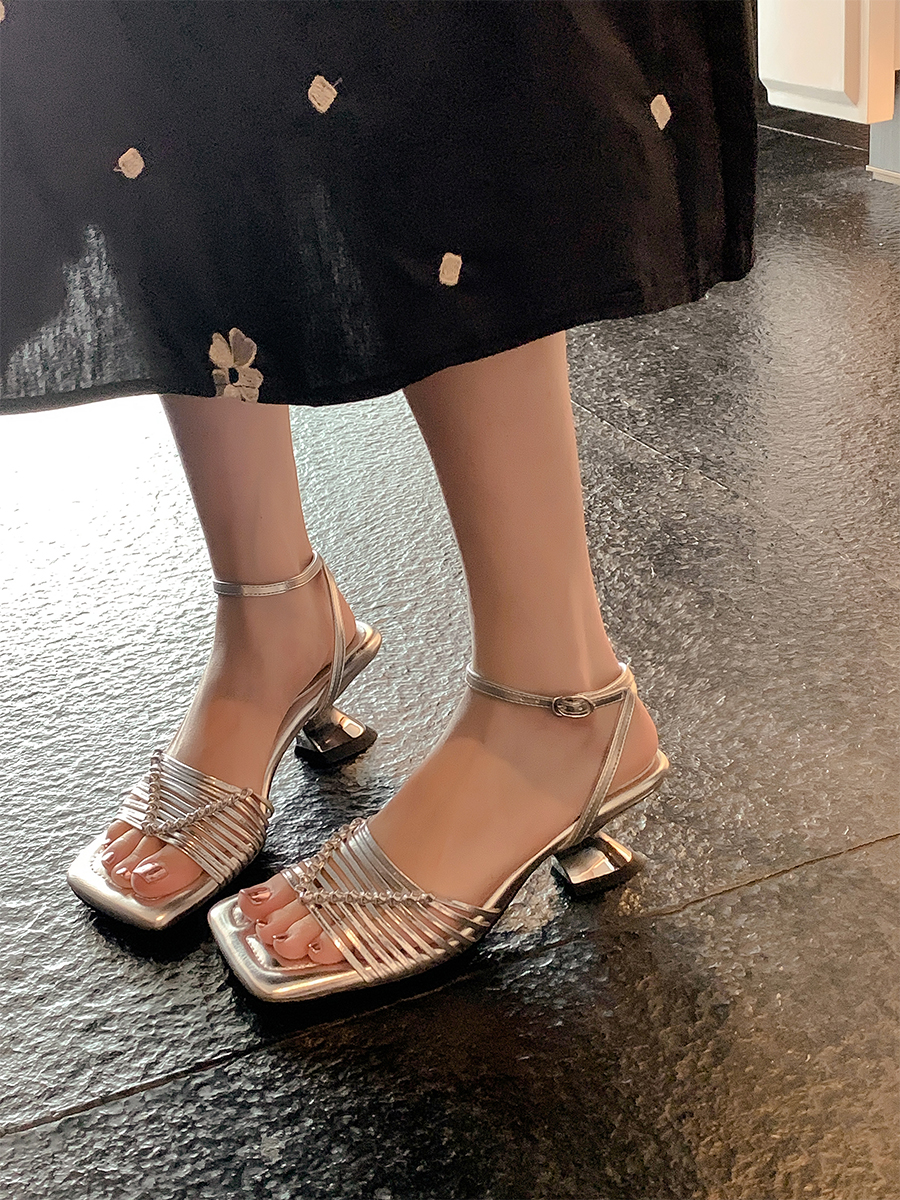 Square-Toed High-Heeled Sheepskin Sandals for Women - Hollow-Out Thin Strap, Woven One-Strap Genuine Leather Summer Fashion Sandals Square-Toed High-Heeled Sheepskin Sandals for Women - Hollow-Out Thin Strap, Woven One-Strap Genuine Leather Summer Fashion Sandals