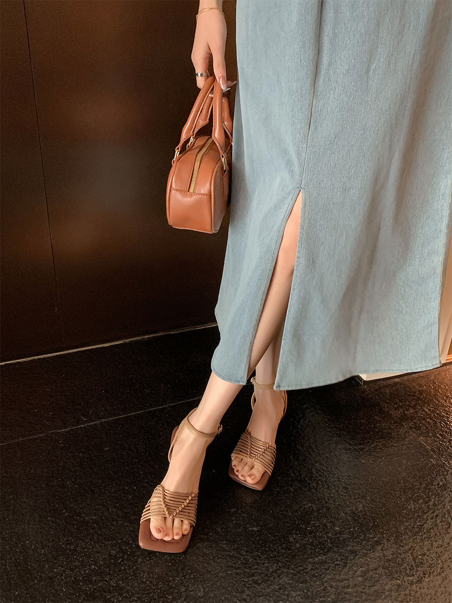 Square-Toed High-Heeled Sheepskin Sandals for Women - Hollow-Out Thin Strap, Woven One-Strap Genuine Leather Summer Fashion Sandals Square-Toed High-Heeled Sheepskin Sandals for Women - Hollow-Out Thin Strap, Woven One-Strap Genuine Leather Summer Fashion Sandals