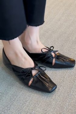 Square-Toed Pleated Hollow Mary Jane Shoes with Bow - French Style Low-Heeled Loafers, Sheepskin Small Leather Shoes