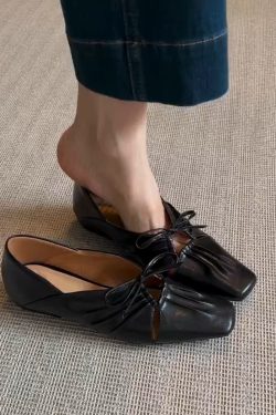 Square-Toed Pleated Hollow Mary Jane Shoes with Bow - French Style Low-Heeled Loafers, Sheepskin Small Leather Shoes