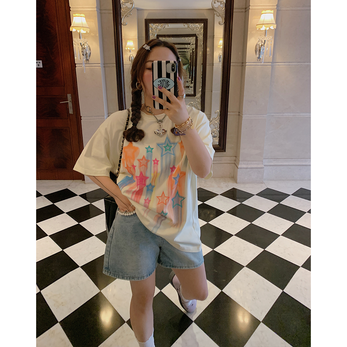 Star Print Short Sleeve T-Shirt for Women, Plus Size Round Neck Summer Top, Trendy Niche Design, Perfect for Dopamine Dressing Star Print Short Sleeve T-Shirt for Women, Plus Size Round Neck Summer Top, Trendy Niche Design, Perfect for Dopamine Dressing