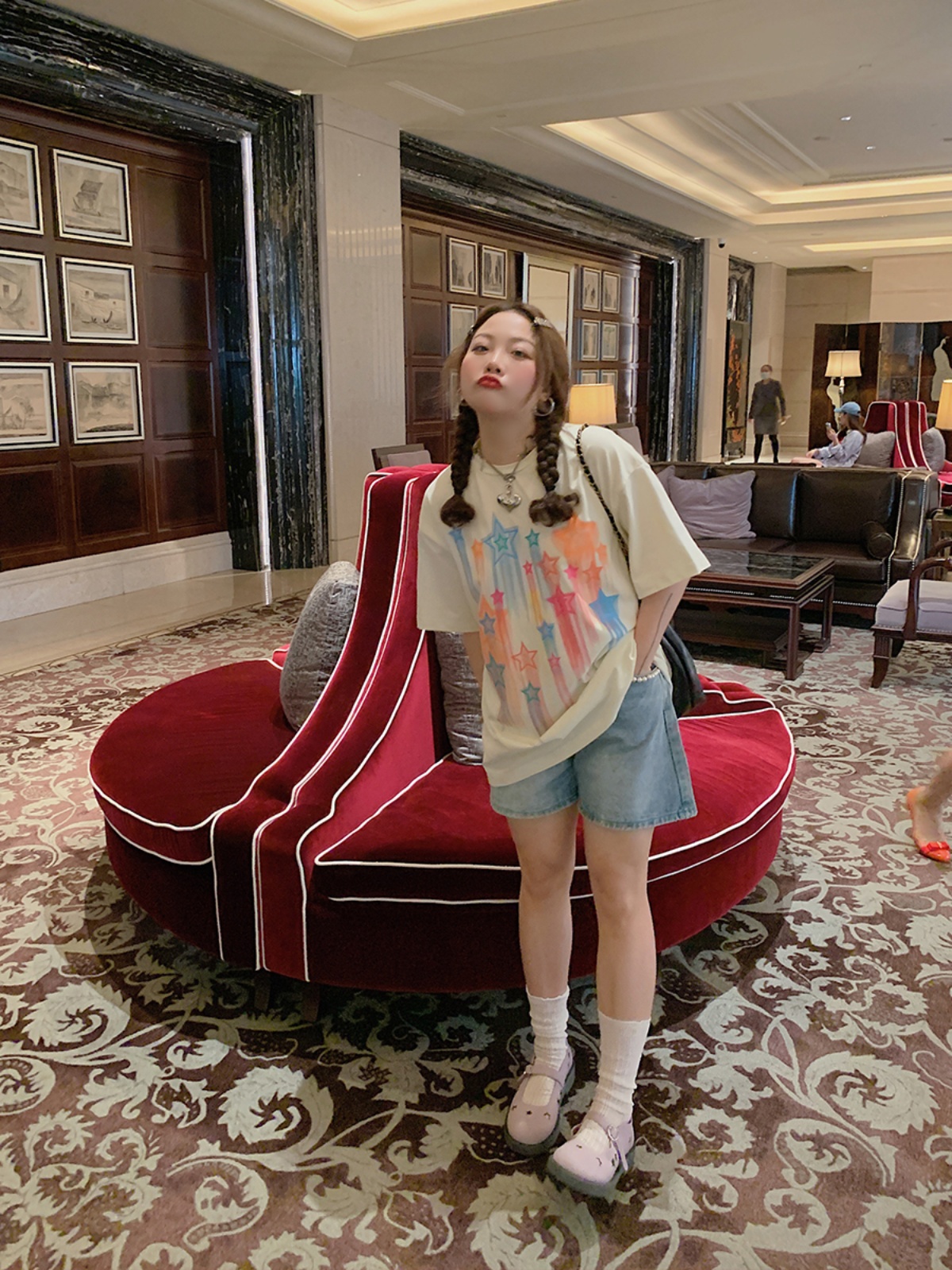 Star Print Short Sleeve T-Shirt for Women, Plus Size Round Neck Summer Top, Trendy Niche Design, Perfect for Dopamine Dressing Star Print Short Sleeve T-Shirt for Women, Plus Size Round Neck Summer Top, Trendy Niche Design, Perfect for Dopamine Dressing