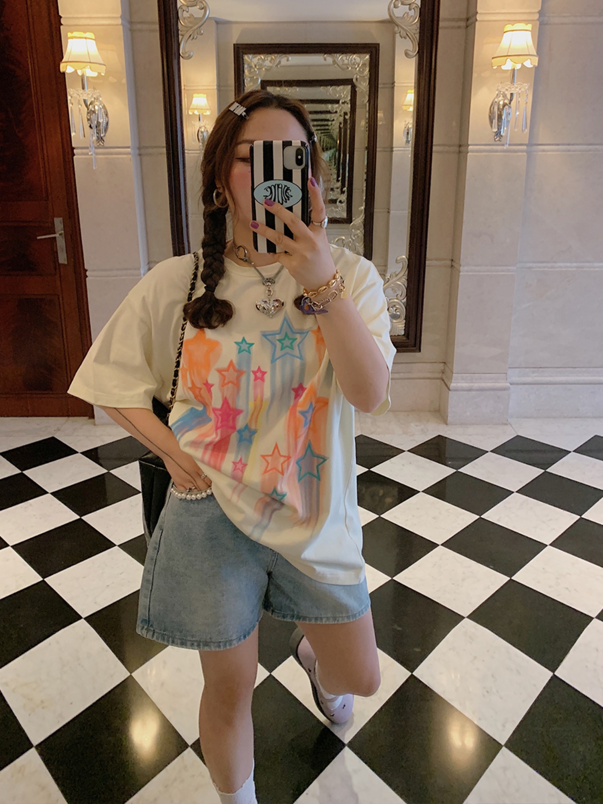 Star Print Short Sleeve T-Shirt for Women, Plus Size Round Neck Summer Top, Trendy Niche Design, Perfect for Dopamine Dressing Star Print Short Sleeve T-Shirt for Women, Plus Size Round Neck Summer Top, Trendy Niche Design, Perfect for Dopamine Dressing