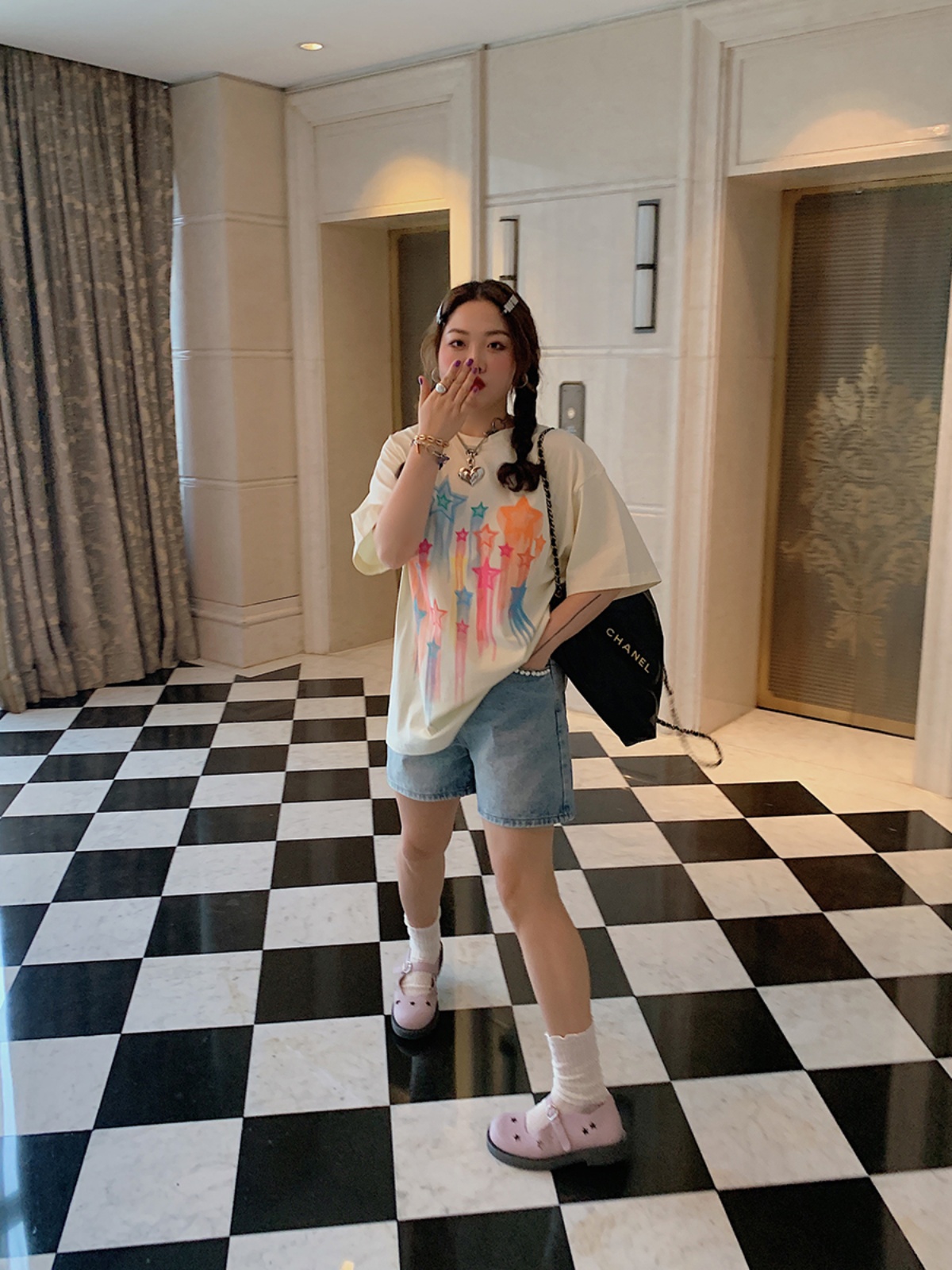 Star Print Short Sleeve T-Shirt for Women, Plus Size Round Neck Summer Top, Trendy Niche Design, Perfect for Dopamine Dressing Star Print Short Sleeve T-Shirt for Women, Plus Size Round Neck Summer Top, Trendy Niche Design, Perfect for Dopamine Dressing