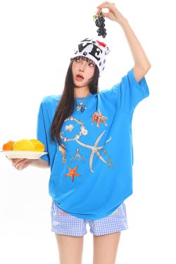 Starfish Shell Basic Loose Couple Pullover T-Shirt - Casual Short Sleeve Top for Y2K and 90s Style Fashion