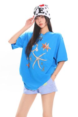 Starfish Shell Basic Loose Couple Pullover T-Shirt - Casual Short Sleeve Top for Y2K and 90s Style Fashion