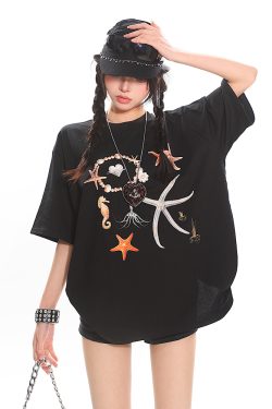 Starfish Shell Basic Loose Couple Pullover T-Shirt - Casual Short Sleeve Top for Y2K and 90s Style Fashion