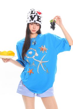 Starfish Shell Basic Loose Couple Pullover T-Shirt - Casual Short Sleeve Top for Y2K and 90s Style Fashion