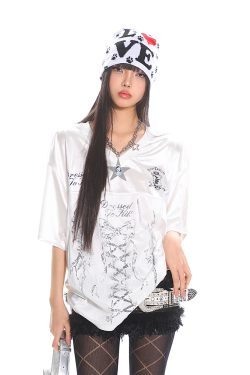 Strap Printed Sweet and Spicy Punk Satin Short Sleeve T-Shirt for Women - Summer Sports Top, Y2K Style Fashion Tee